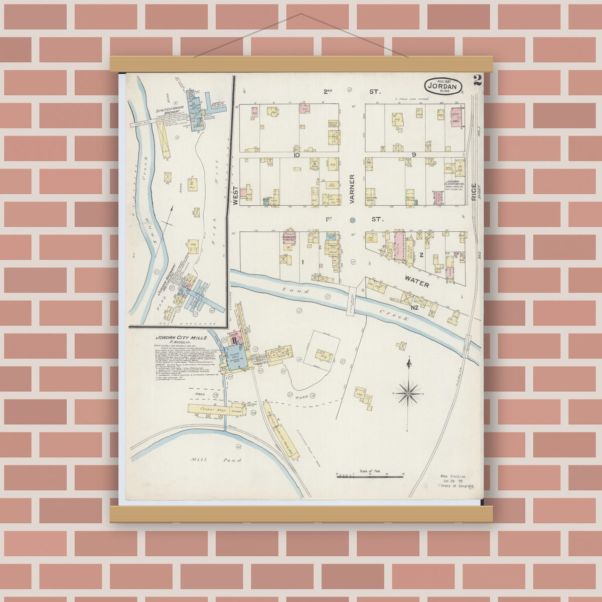Old map wall art mockup — magnetic wood frame on brick wall — Sanborn Fire Insurance Map from Jordan, Scott County, Minnesota (1887), Sheet #0002