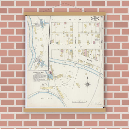 Old map wall art mockup — magnetic wood frame on brick wall — Sanborn Fire Insurance Map from Jordan, Scott County, Minnesota (1887), Sheet #0002