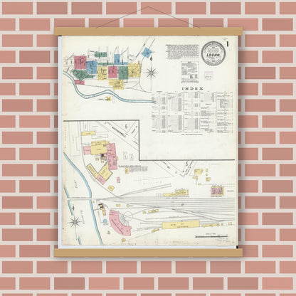 Old map wall art mockup — magnetic wood frame on brick wall — Sanborn Fire Insurance Map from Logan, Hocking County, Ohio (1907) - Complete Map Set