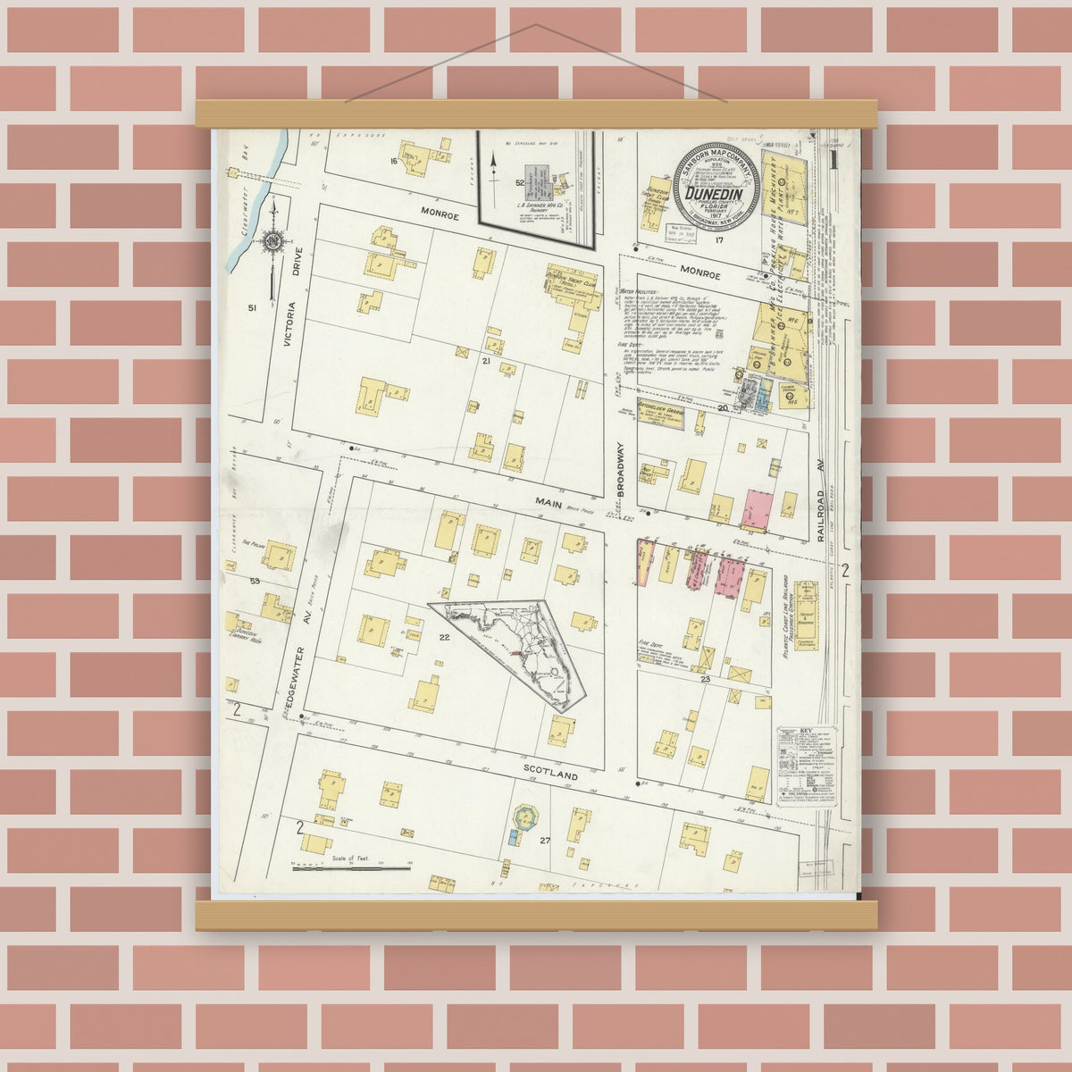 Old map wall art mockup — magnetic wood frame on brick wall — Sanborn Fire Insurance Map from Dunedin, Pinellas County, Florida (1917) - Complete Map Set