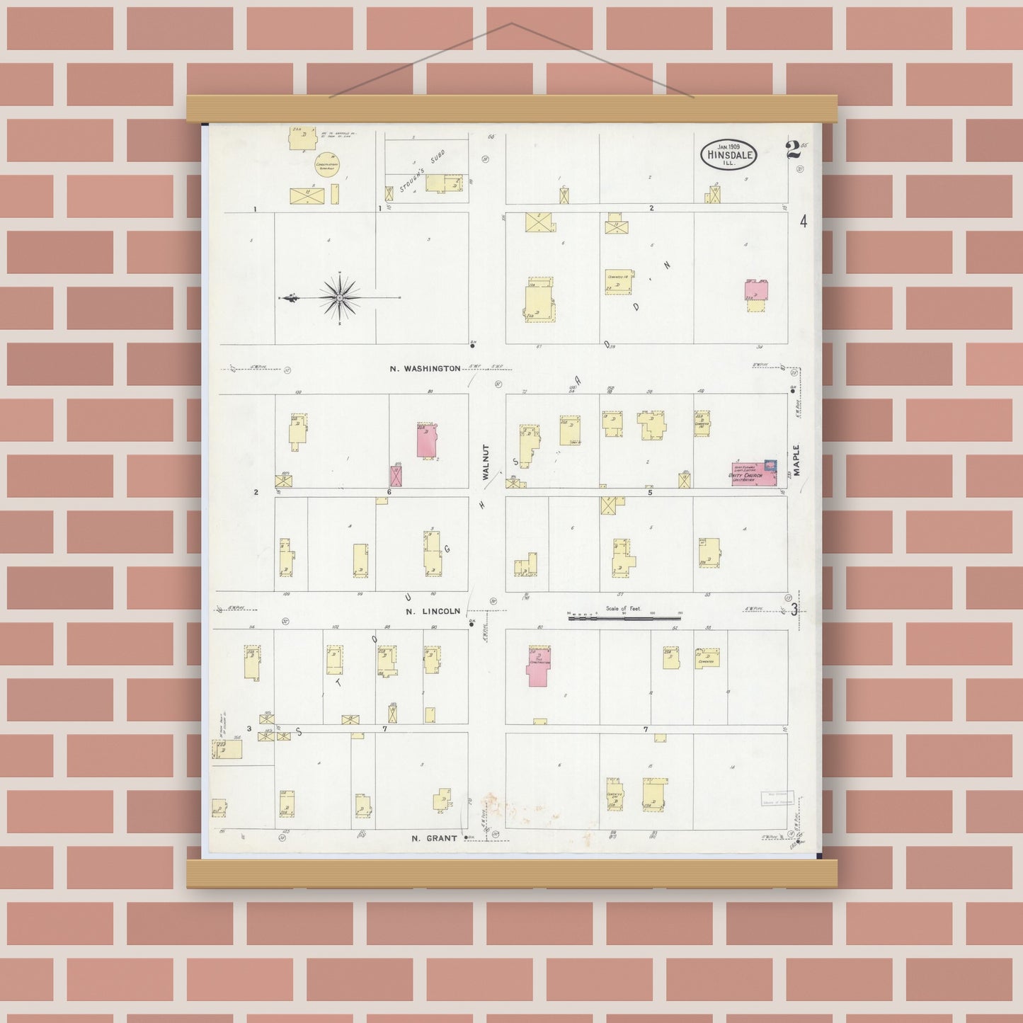Old map wall art mockup — magnetic wood frame on brick wall — Sanborn Fire Insurance Map from Hinsdale, Du Page And Cook Counties, Illinois (1909), Sheet #0002