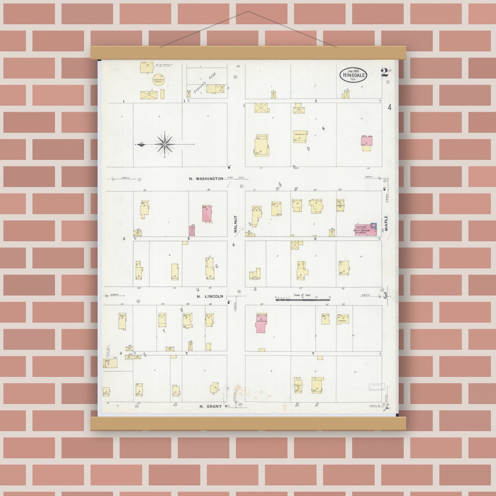 Old map wall art mockup — magnetic wood frame on brick wall — Sanborn Fire Insurance Map from Hinsdale, Du Page And Cook Counties, Illinois (1909), Sheet #0002