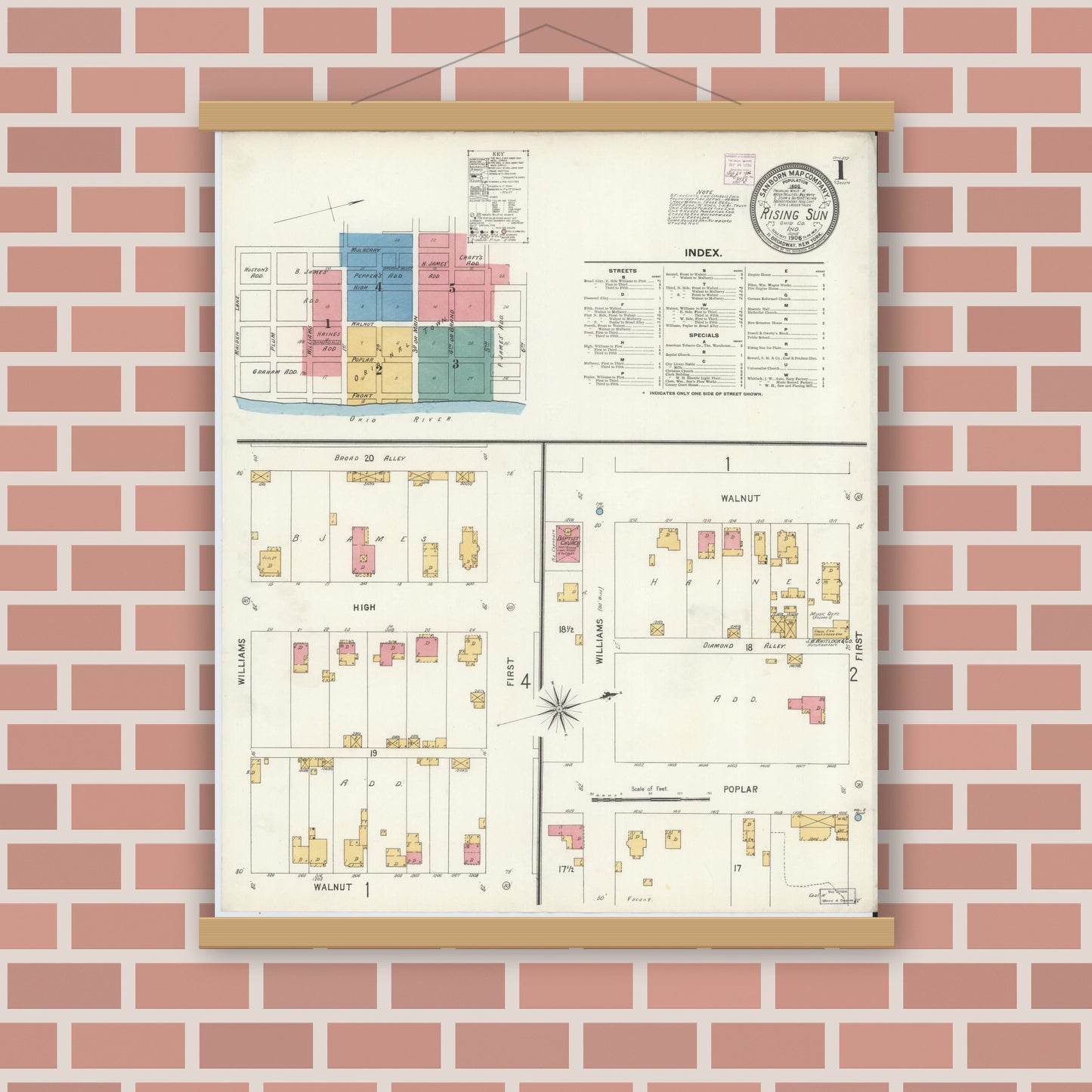 Old map wall art mockup — magnetic wood frame on brick wall — Sanborn Fire Insurance Map from Rising Sun, Ohio County, Indiana (1906) - Complete Map Set