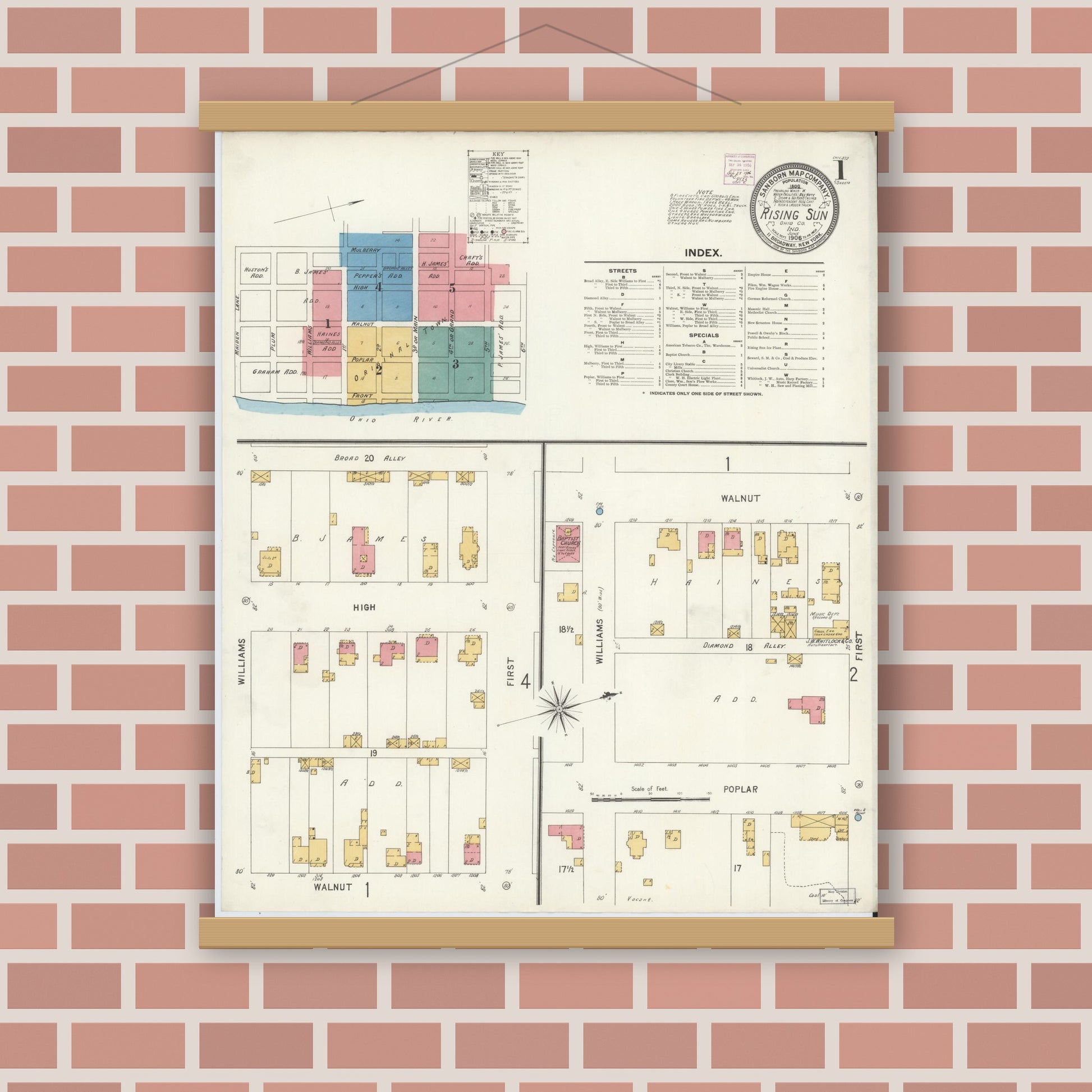 Old map wall art mockup — magnetic wood frame on brick wall — Sanborn Fire Insurance Map from Rising Sun, Ohio County, Indiana (1906) - Complete Map Set
