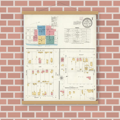 Old map wall art mockup — magnetic wood frame on brick wall — Sanborn Fire Insurance Map from Rising Sun, Ohio County, Indiana (1906) - Complete Map Set