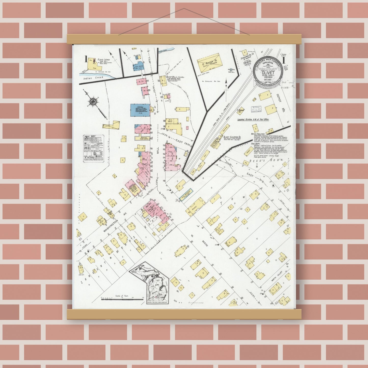 Old map wall art mockup — magnetic wood frame on brick wall — Sanborn Fire Insurance Map from Olivet, Eaton County, Michigan (1927) - Complete Map Set