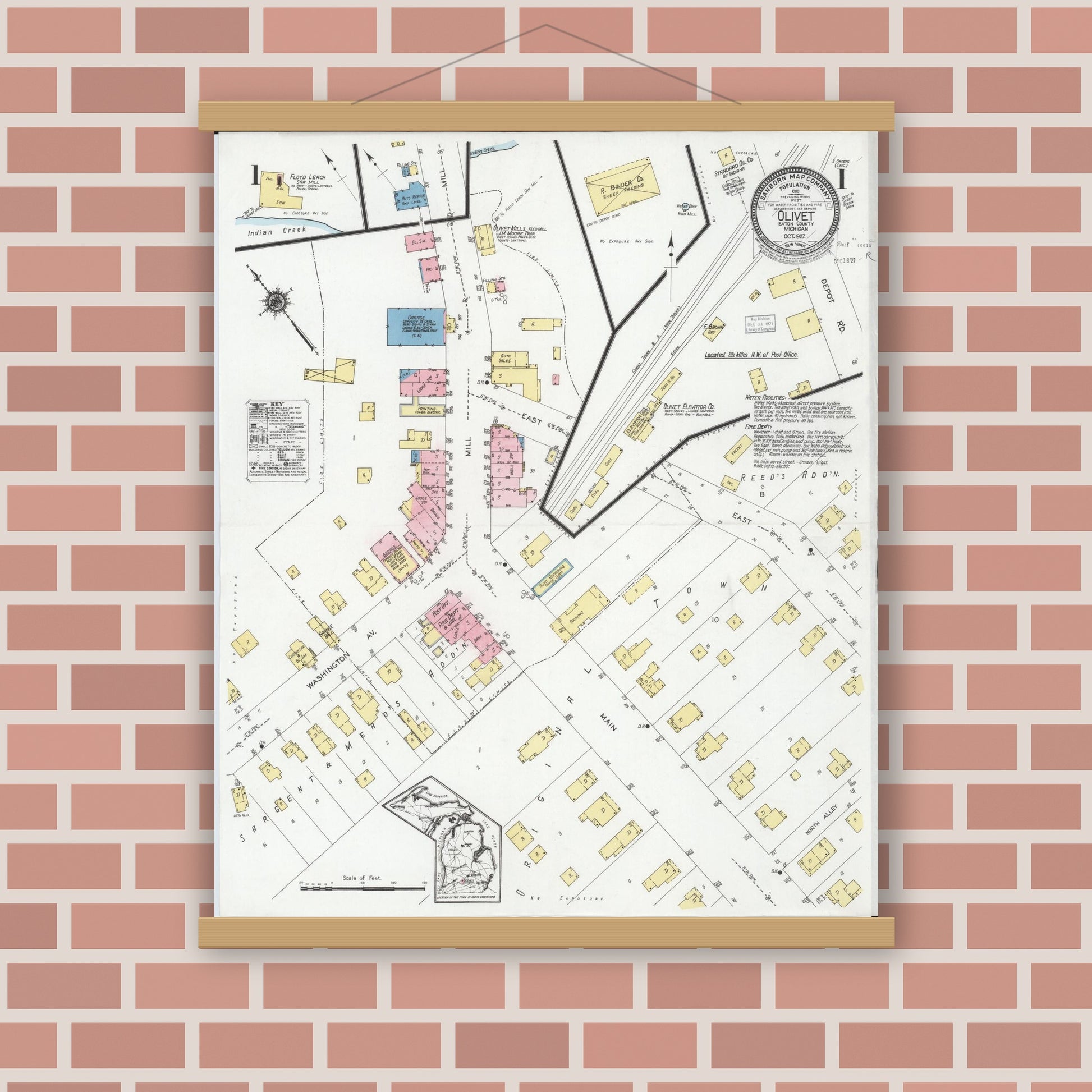 Old map wall art mockup — magnetic wood frame on brick wall — Sanborn Fire Insurance Map from Olivet, Eaton County, Michigan (1927) - Complete Map Set