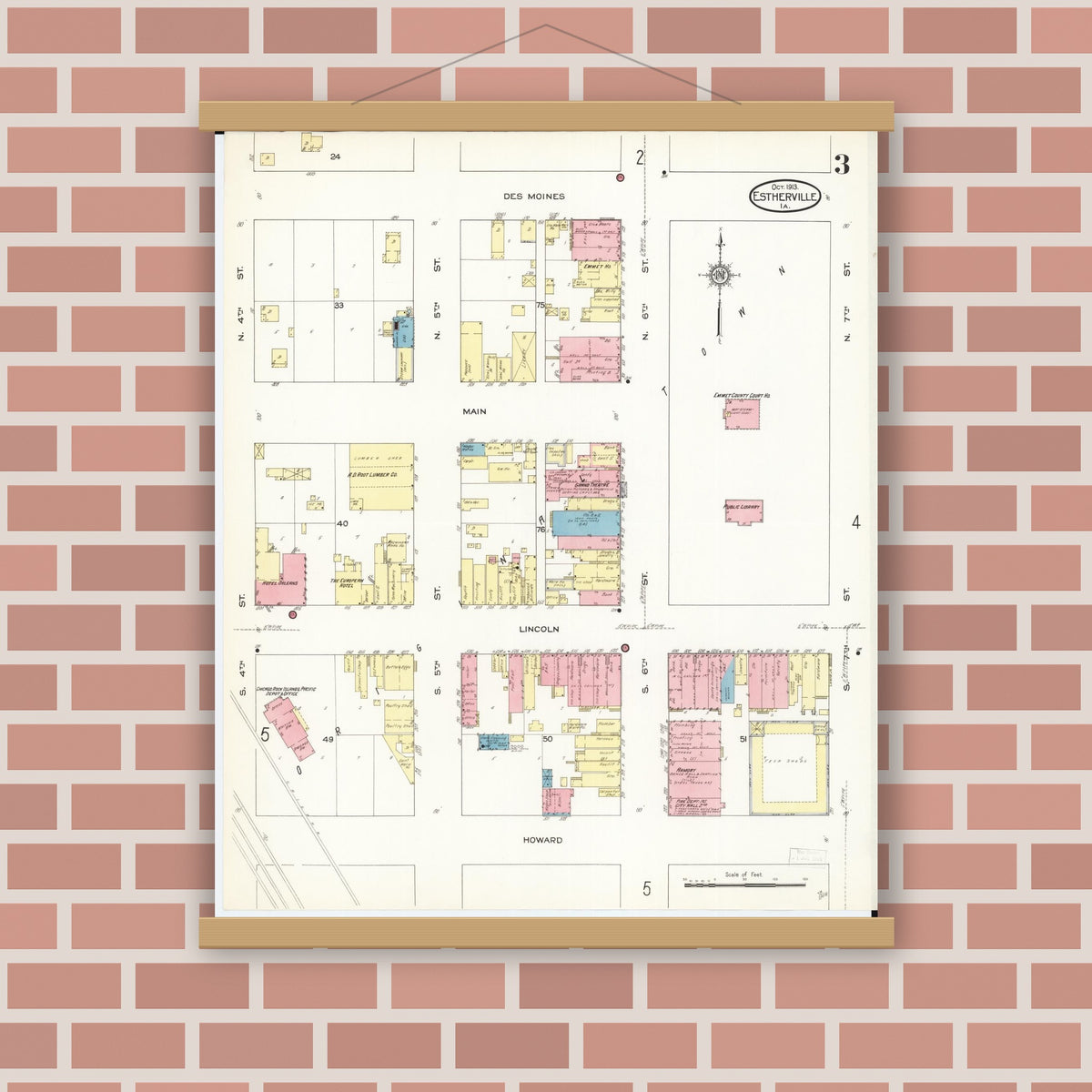 Old map wall art mockup — magnetic wood frame on brick wall — Sanborn Fire Insurance Map from Estherville, Emmet County, Iowa (1913), Sheet #0003