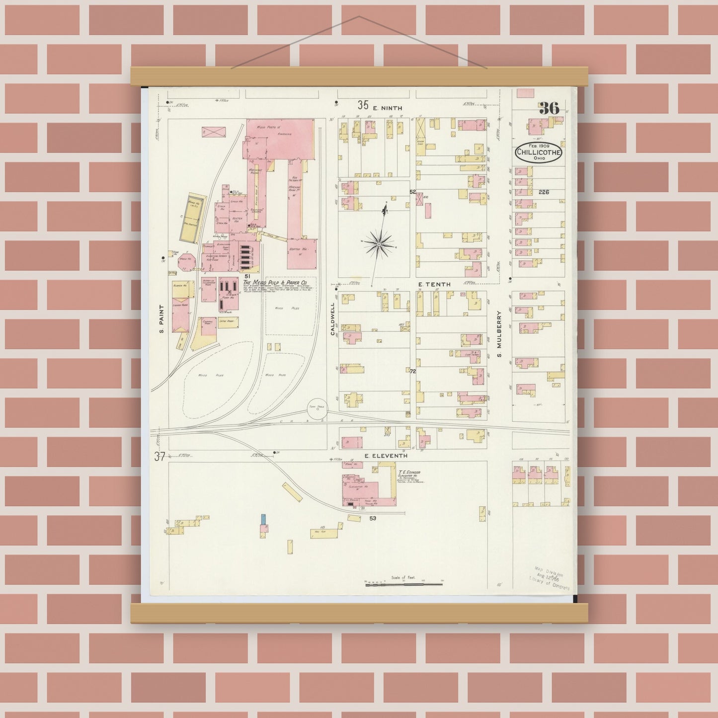 Old map wall art mockup — magnetic wood frame on brick wall — Sanborn Fire Insurance Map from Chillicothe, Ross County, Ohio (1909), Sheet #0036