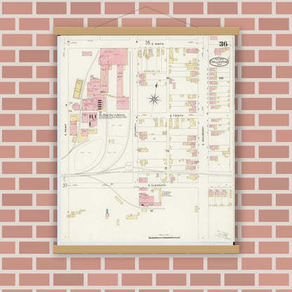 Old map wall art mockup — magnetic wood frame on brick wall — Sanborn Fire Insurance Map from Chillicothe, Ross County, Ohio (1909), Sheet #0036