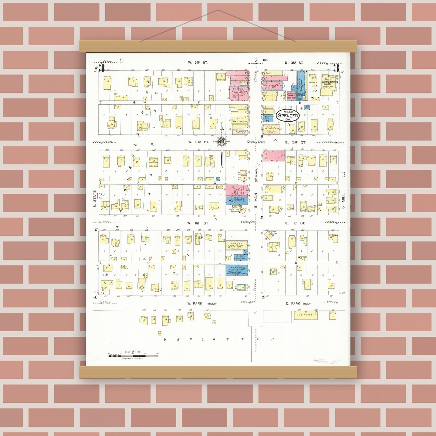 Old map wall art mockup — magnetic wood frame on brick wall — Sanborn Fire Insurance Map from Spencer, Clay County, Iowa (1924), Sheet #0003