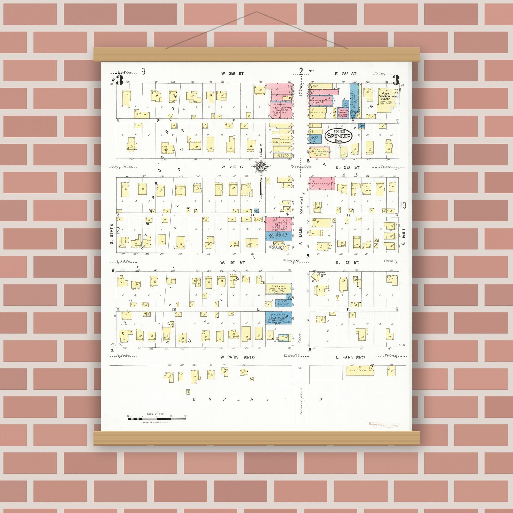 Old map wall art mockup — magnetic wood frame on brick wall — Sanborn Fire Insurance Map from Spencer, Clay County, Iowa (1924), Sheet #0003