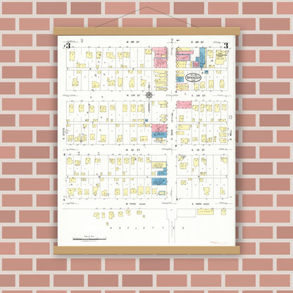 Old map wall art mockup — magnetic wood frame on brick wall — Sanborn Fire Insurance Map from Spencer, Clay County, Iowa (1924), Sheet #0003