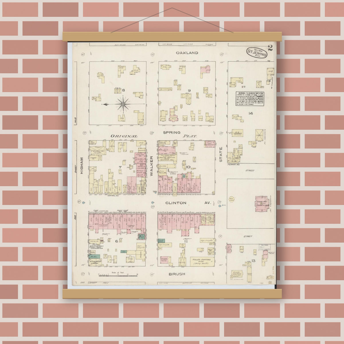 Old map wall art mockup — magnetic wood frame on brick wall — Sanborn Fire Insurance Map from Saint Johns, Clinton County, Michigan (1884), Sheet #0002