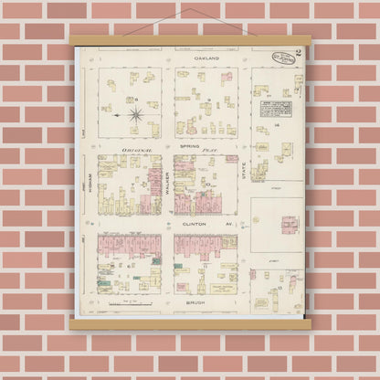 Old map wall art mockup — magnetic wood frame on brick wall — Sanborn Fire Insurance Map from Saint Johns, Clinton County, Michigan (1884), Sheet #0002