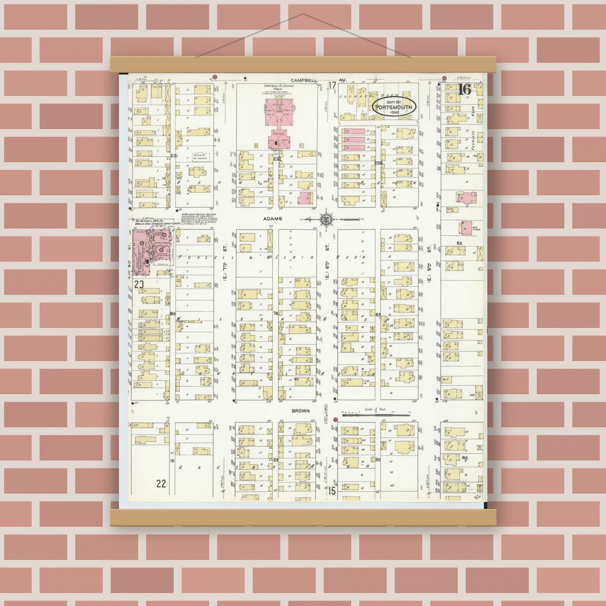Old map wall art mockup — magnetic wood frame on brick wall — Sanborn Fire Insurance Map from Portsmouth, Scioto County, Ohio (1911), Sheet #0016