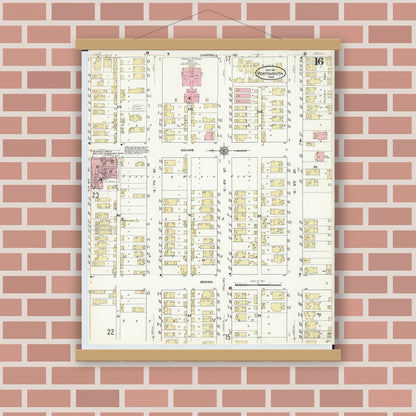 Old map wall art mockup — magnetic wood frame on brick wall — Sanborn Fire Insurance Map from Portsmouth, Scioto County, Ohio (1911), Sheet #0016