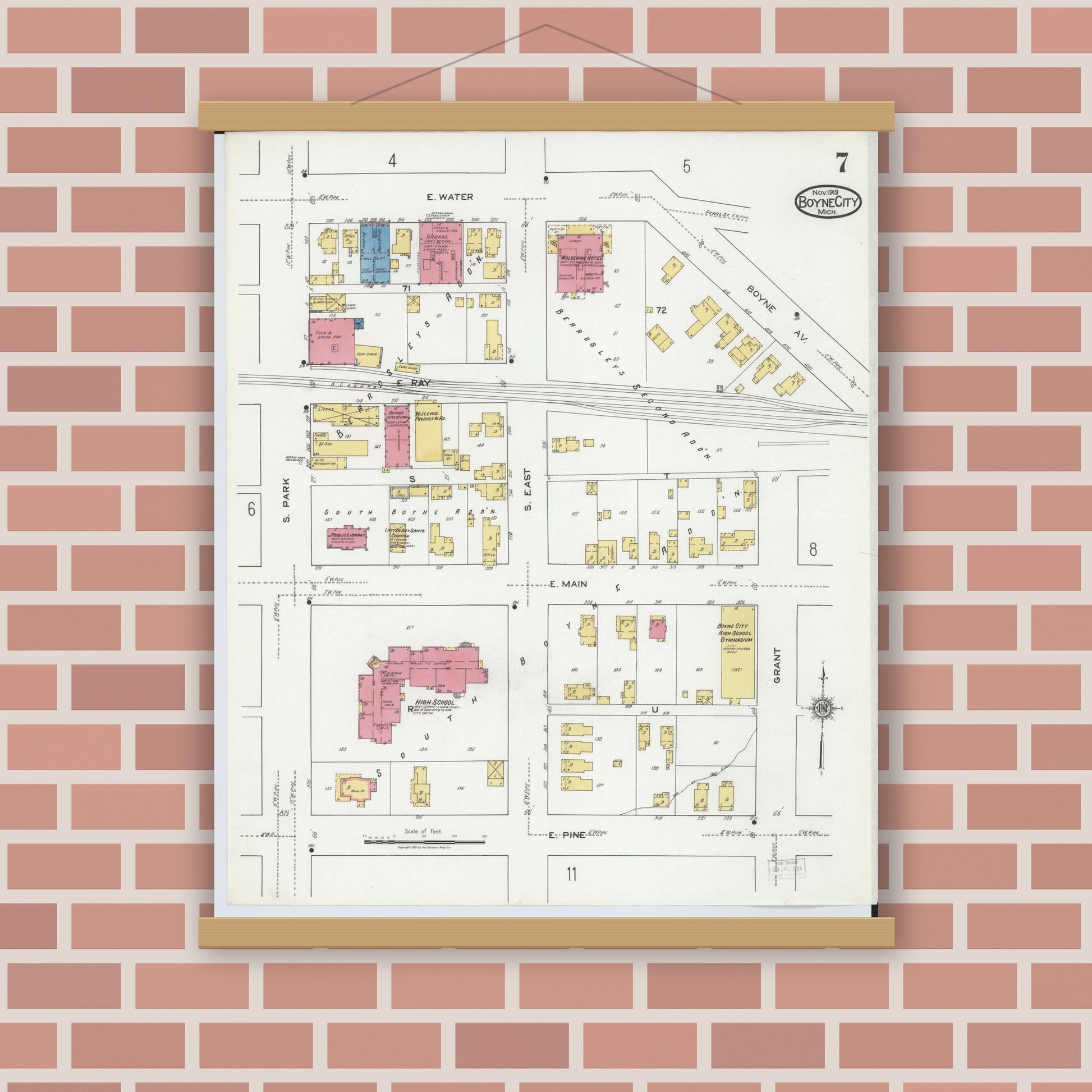Old map wall art mockup — magnetic wood frame on brick wall — Sanborn Fire Insurance Map from Boyne City, Charlevoix County, Michigan (1919), Sheet #0007