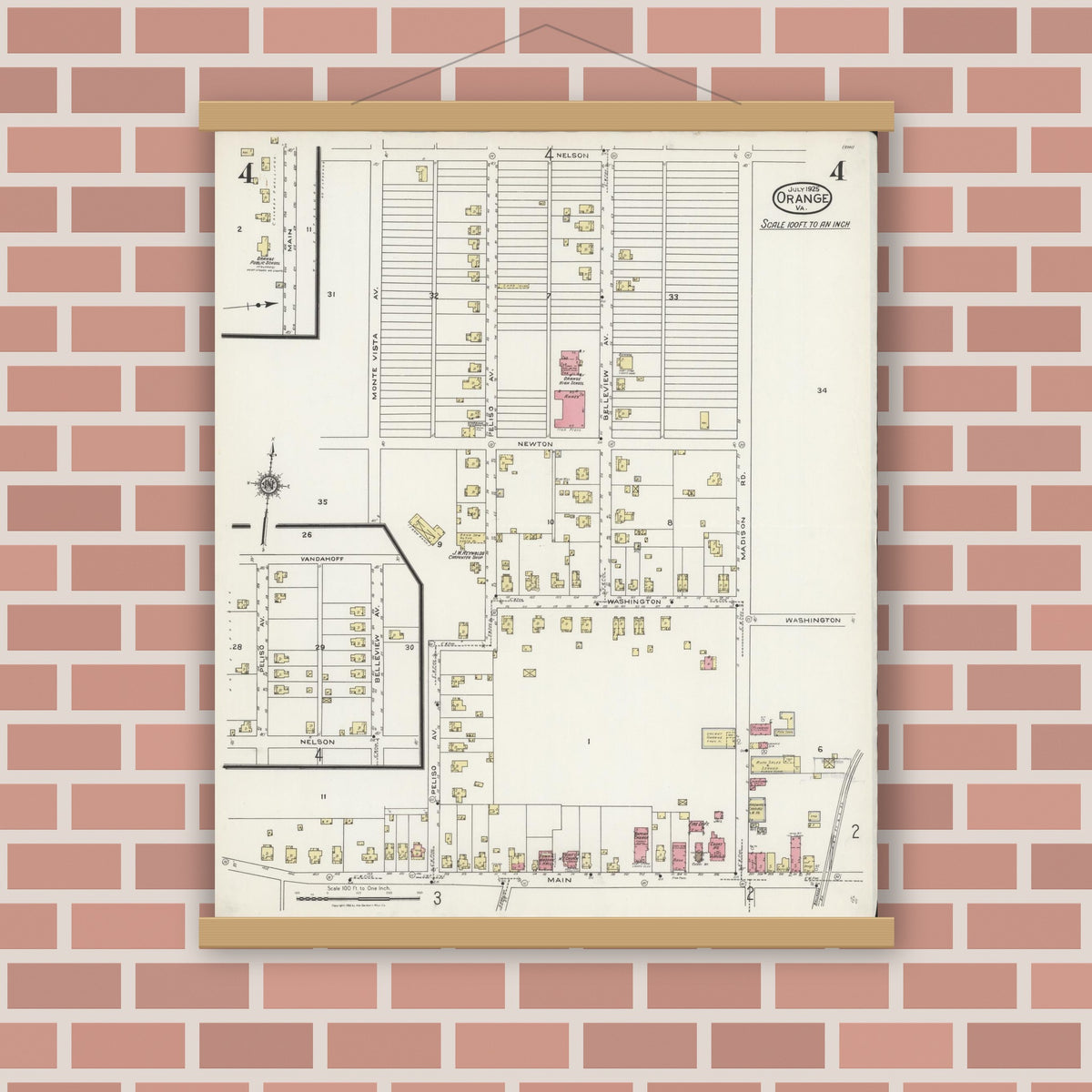 Old map wall art mockup — magnetic wood frame on brick wall — Sanborn Fire Insurance Map from Orange, Orange County, Virginia (1925), Sheet #0004