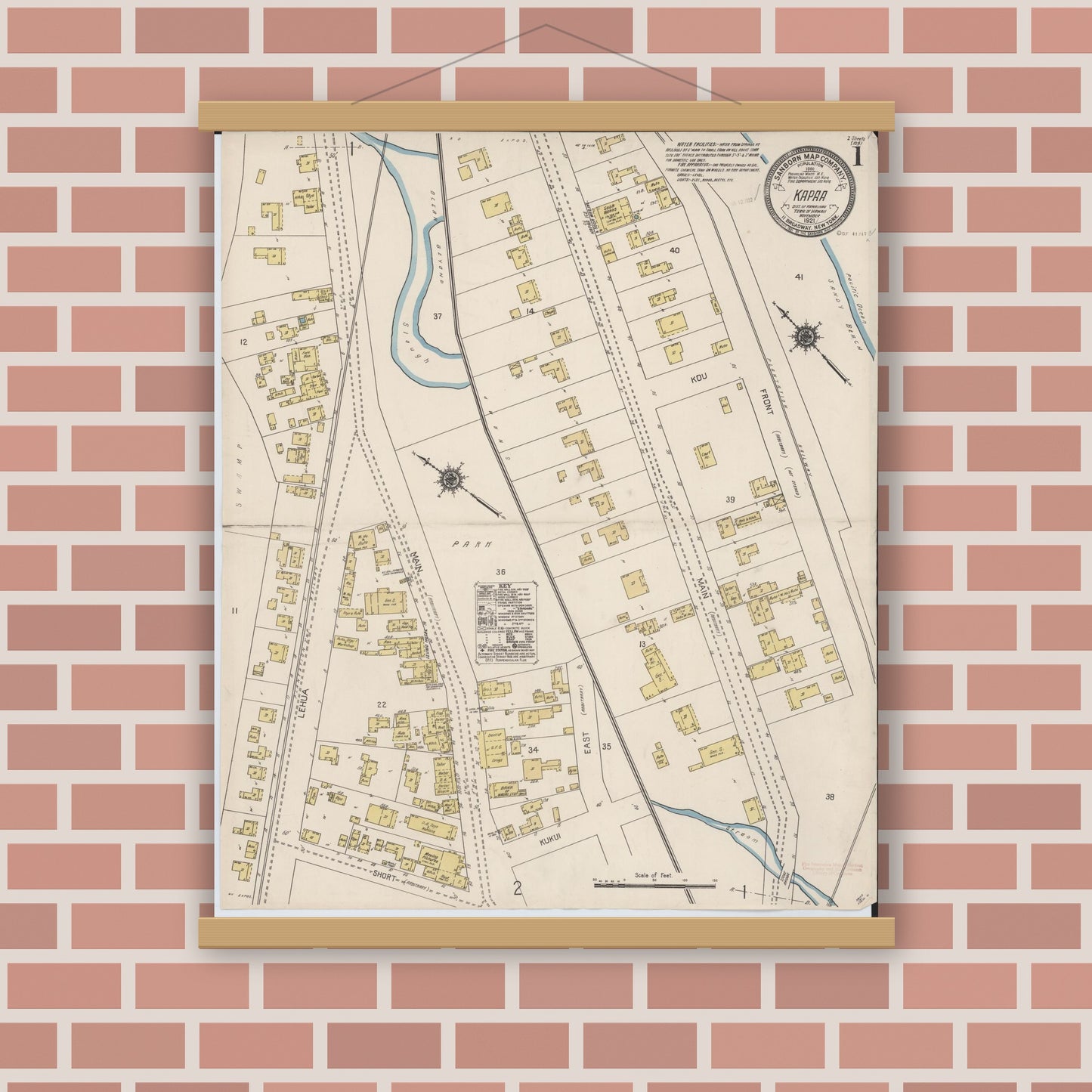 Old map wall art mockup — magnetic wood frame on brick wall — Sanborn Fire Insurance Map from Kapaa, Kauai County, Hawaii (1921), Sheet #0001