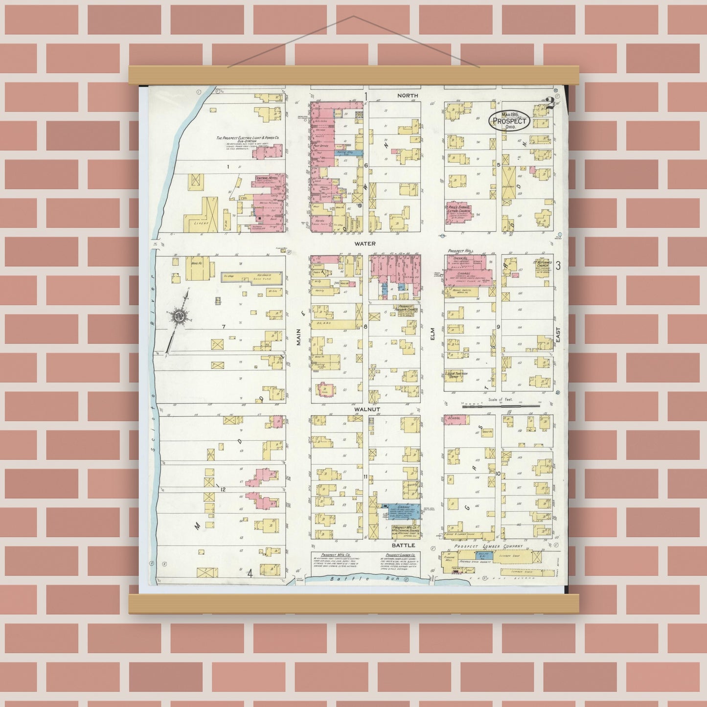 Old map wall art mockup — magnetic wood frame on brick wall — Sanborn Fire Insurance Map from Prospect, Marion County, Ohio (1916), Sheet #0002