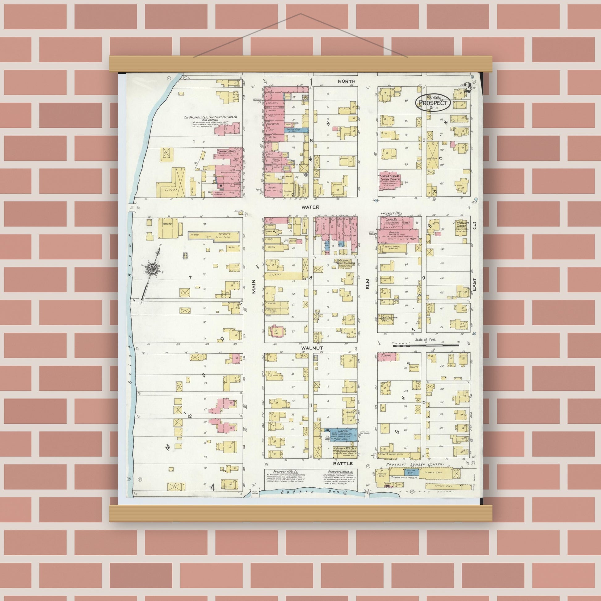 Old map wall art mockup — magnetic wood frame on brick wall — Sanborn Fire Insurance Map from Prospect, Marion County, Ohio (1916), Sheet #0002