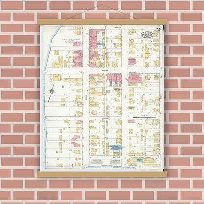 Old map wall art mockup — magnetic wood frame on brick wall — Sanborn Fire Insurance Map from Prospect, Marion County, Ohio (1916), Sheet #0002