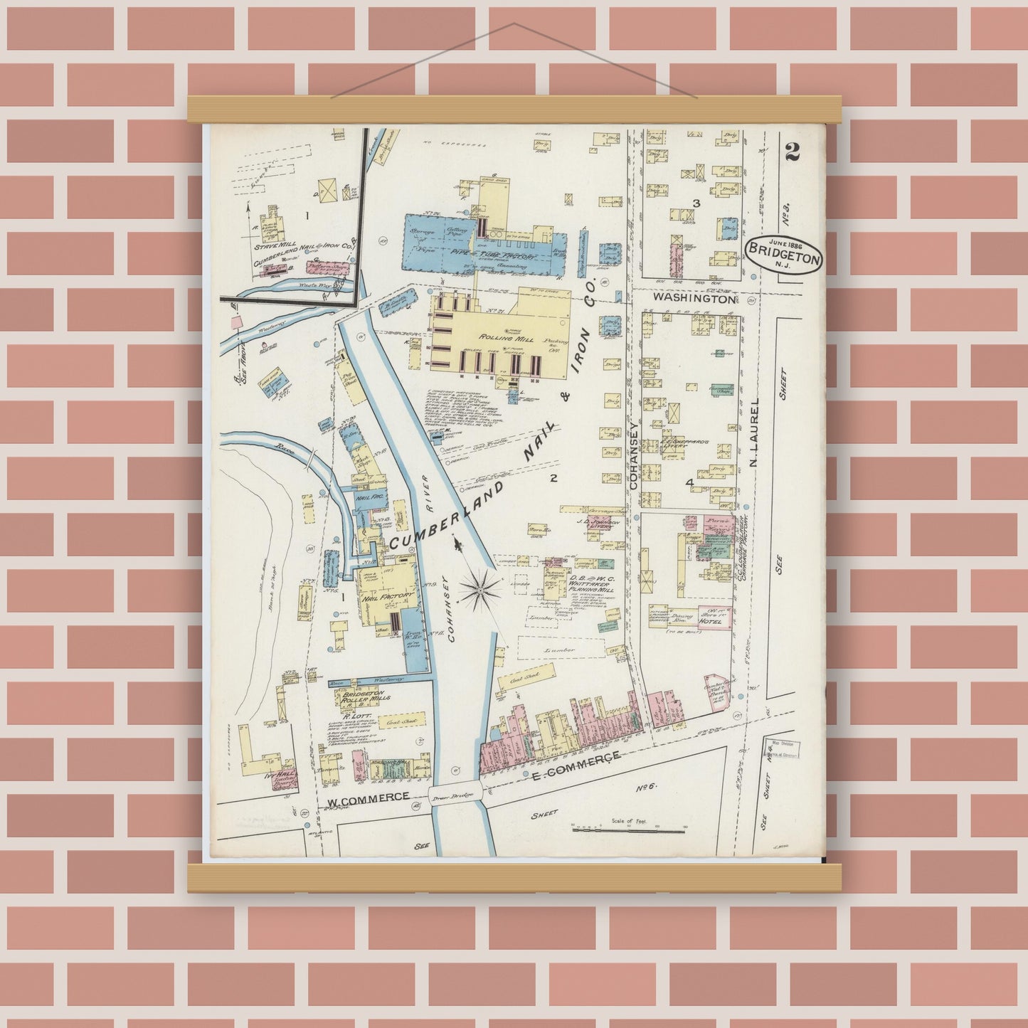 Old map wall art mockup — magnetic wood frame on brick wall — Sanborn Fire Insurance Map from Bridgeton, Cumberland County, New Jersey (1886) - Complete Map Set