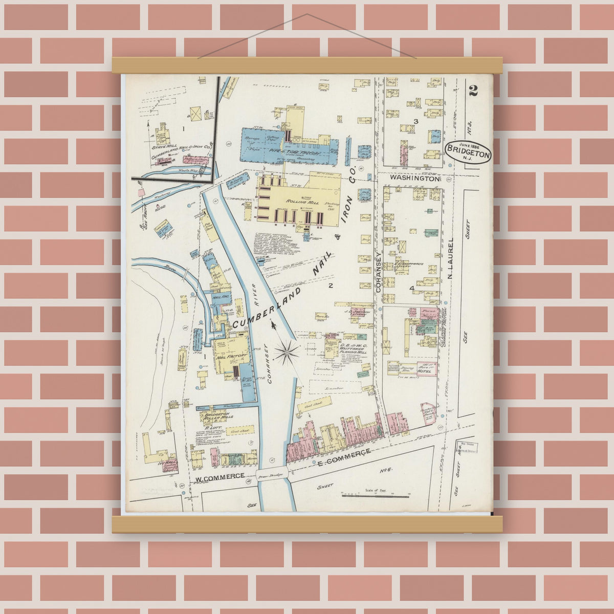 Old map wall art mockup — magnetic wood frame on brick wall — Sanborn Fire Insurance Map from Bridgeton, Cumberland County, New Jersey (1886) - Complete Map Set