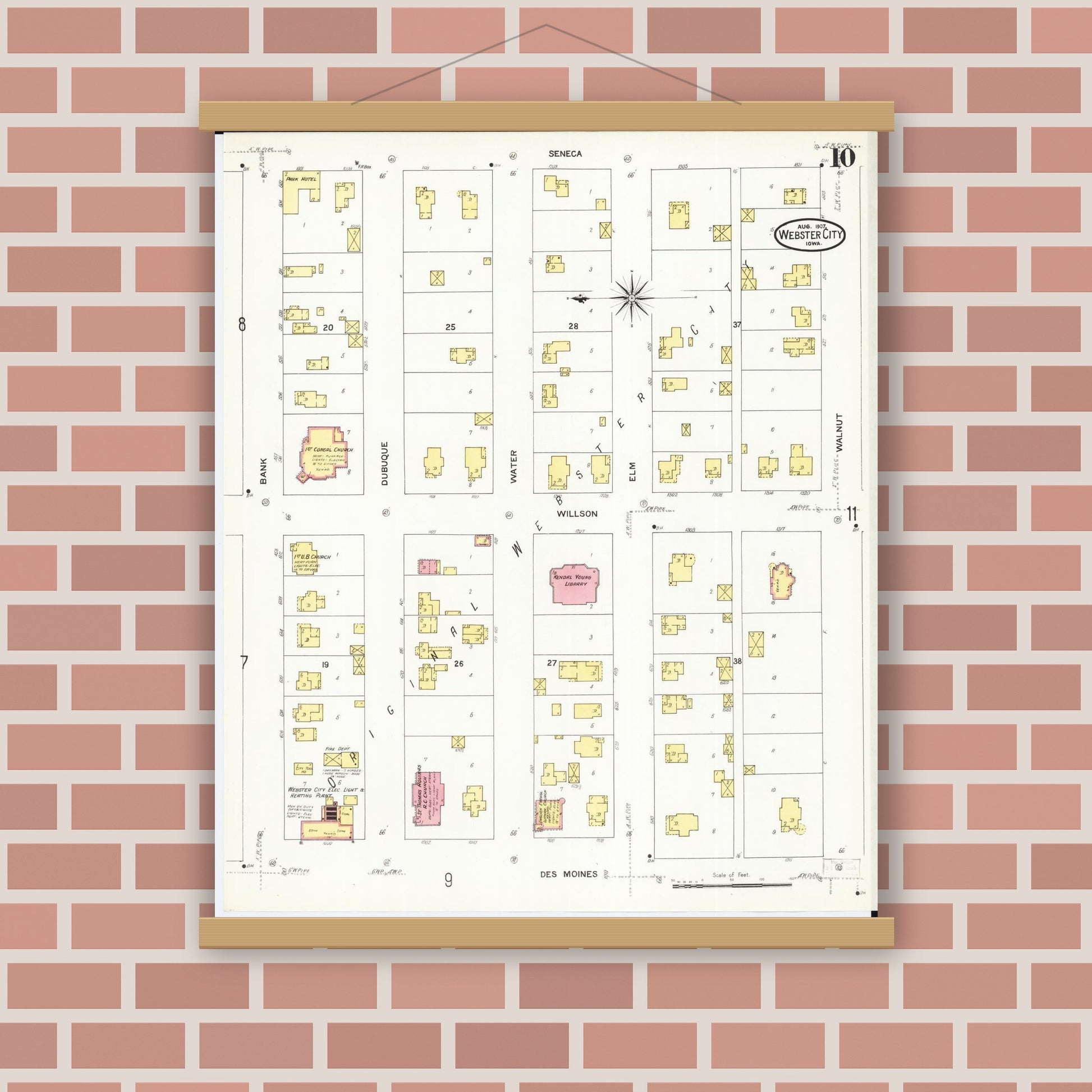 Old map wall art mockup — magnetic wood frame on brick wall — Sanborn Fire Insurance Map from Webster City, Hamilton County, Iowa (1907), Sheet #0010