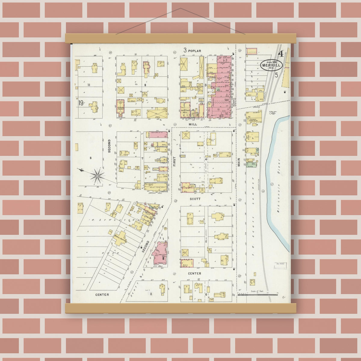 Old map wall art mockup — magnetic wood frame on brick wall — Sanborn Fire Insurance Map from Merrill, Lincoln County, Wisconsin (1898), Sheet #0004