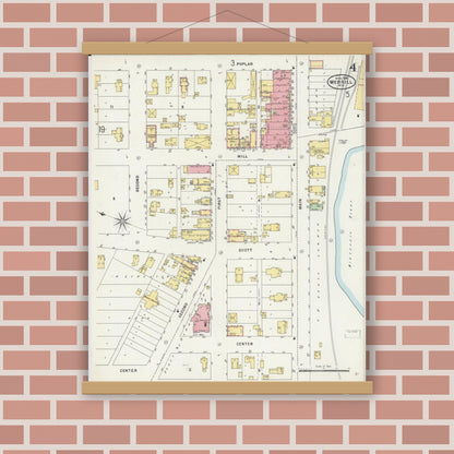 Old map wall art mockup — magnetic wood frame on brick wall — Sanborn Fire Insurance Map from Merrill, Lincoln County, Wisconsin (1898), Sheet #0004