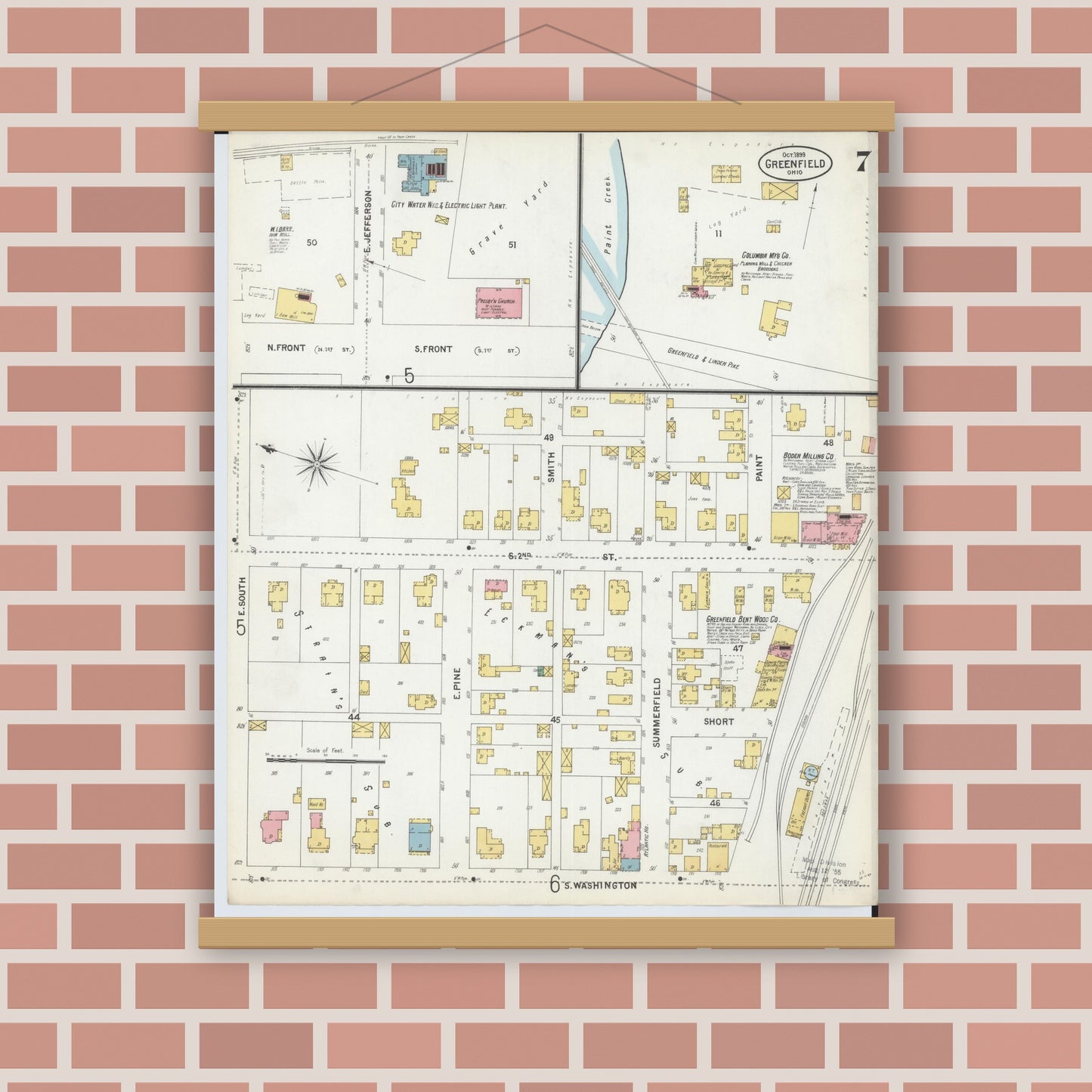Old map wall art mockup — magnetic wood frame on brick wall — Sanborn Fire Insurance Map from Greenfield, Highland County, Ohio (1899), Sheet #0007