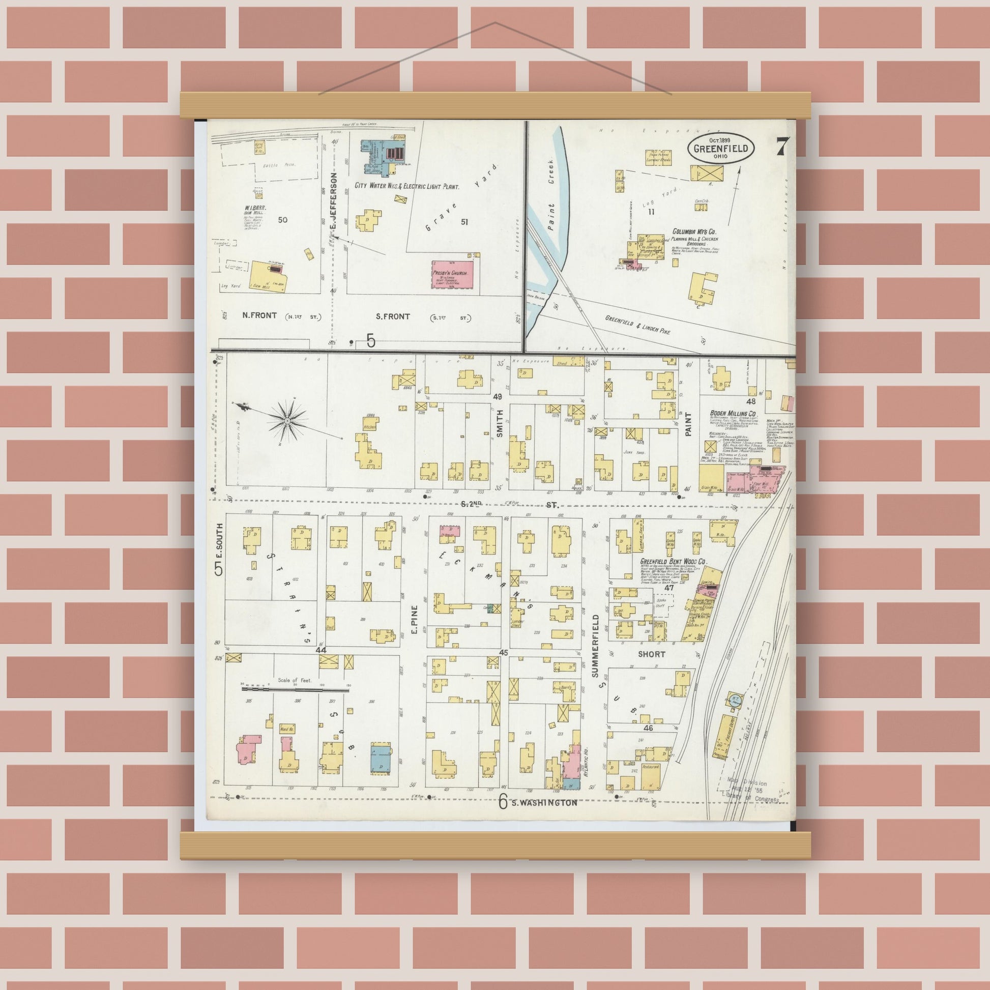 Old map wall art mockup — magnetic wood frame on brick wall — Sanborn Fire Insurance Map from Greenfield, Highland County, Ohio (1899), Sheet #0007
