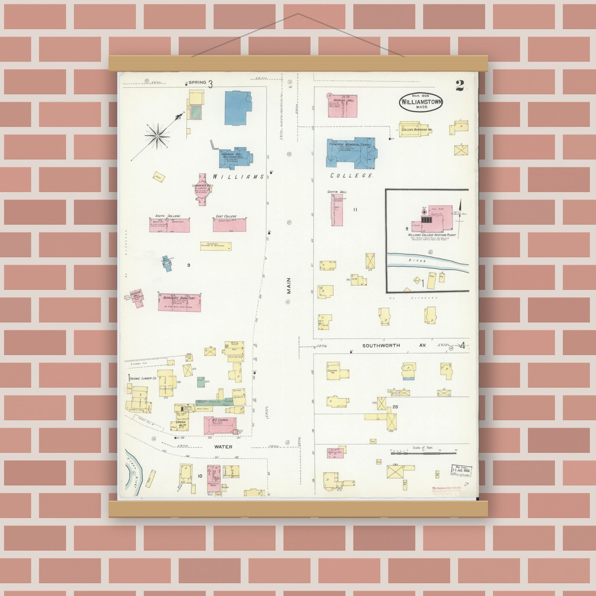 Old map wall art mockup — magnetic wood frame on brick wall — Sanborn Fire Insurance Map from Williamstown, Berkshire County, Massachusetts (1908), Sheet #0002