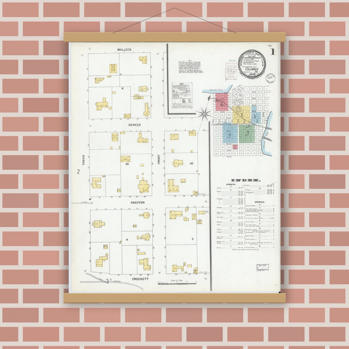 Old map wall art mockup — magnetic wood frame on brick wall — Sanborn Fire Insurance Map from Columbus, Colorado County, Texas (1900) - Complete Map Set