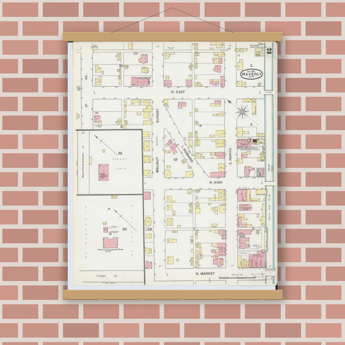 Old map wall art mockup — magnetic wood frame on brick wall — Sanborn Fire Insurance Map from Waverly, Pike County, Ohio (1892), Sheet #0002