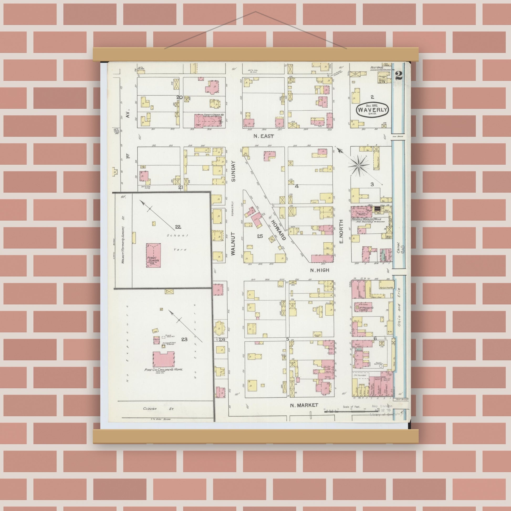 Old map wall art mockup — magnetic wood frame on brick wall — Sanborn Fire Insurance Map from Waverly, Pike County, Ohio (1892), Sheet #0002