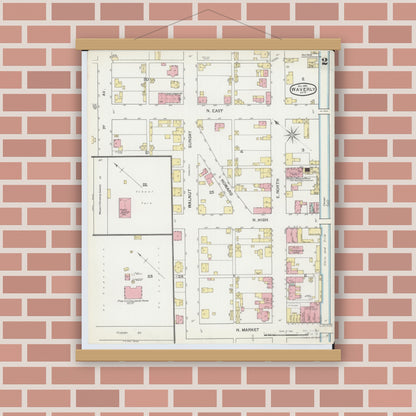 Old map wall art mockup — magnetic wood frame on brick wall — Sanborn Fire Insurance Map from Waverly, Pike County, Ohio (1892), Sheet #0002