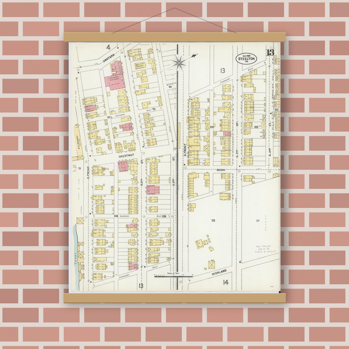 Old map wall art mockup — magnetic wood frame on brick wall — Sanborn Fire Insurance Map from Steelton, Dauphin County, Pennsylvania (1902), Sheet #0013