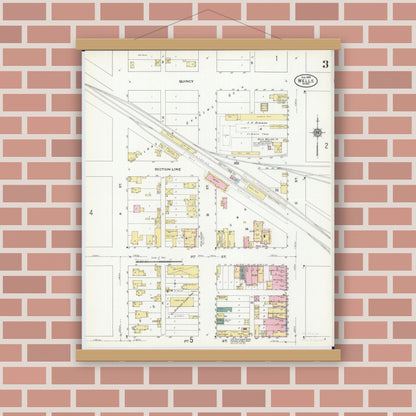 Old map wall art mockup — magnetic wood frame on brick wall — Sanborn Fire Insurance Map from Wells, Faribault County, Minnesota (1909), Sheet #0003