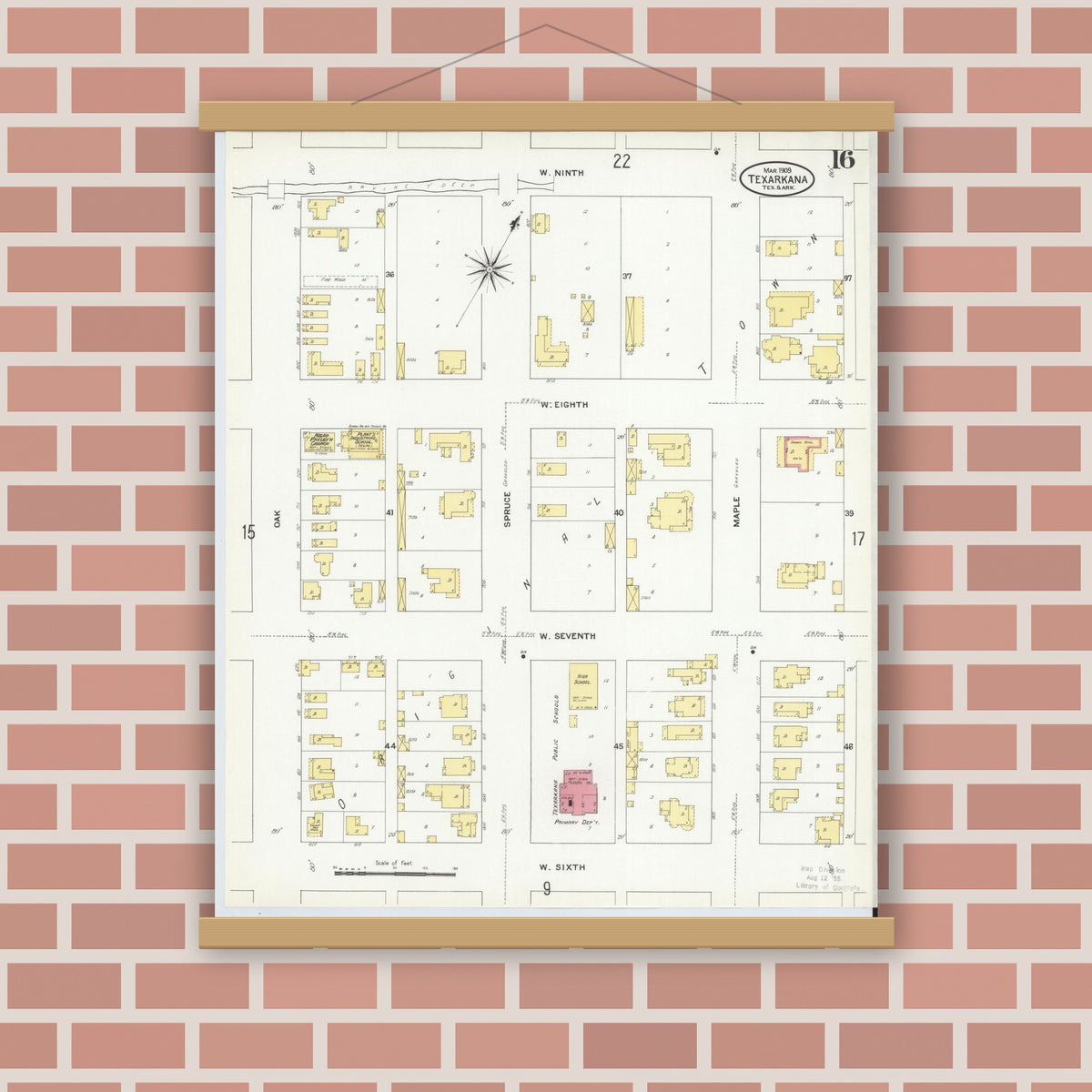 Old map wall art mockup — magnetic wood frame on brick wall — Sanborn Fire Insurance Map from Texarkana, Bowie County, Texas (1909), Sheet #0016