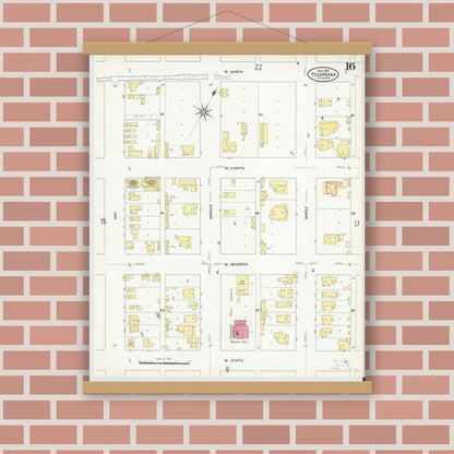 Old map wall art mockup — magnetic wood frame on brick wall — Sanborn Fire Insurance Map from Texarkana, Bowie County, Texas (1909), Sheet #0016