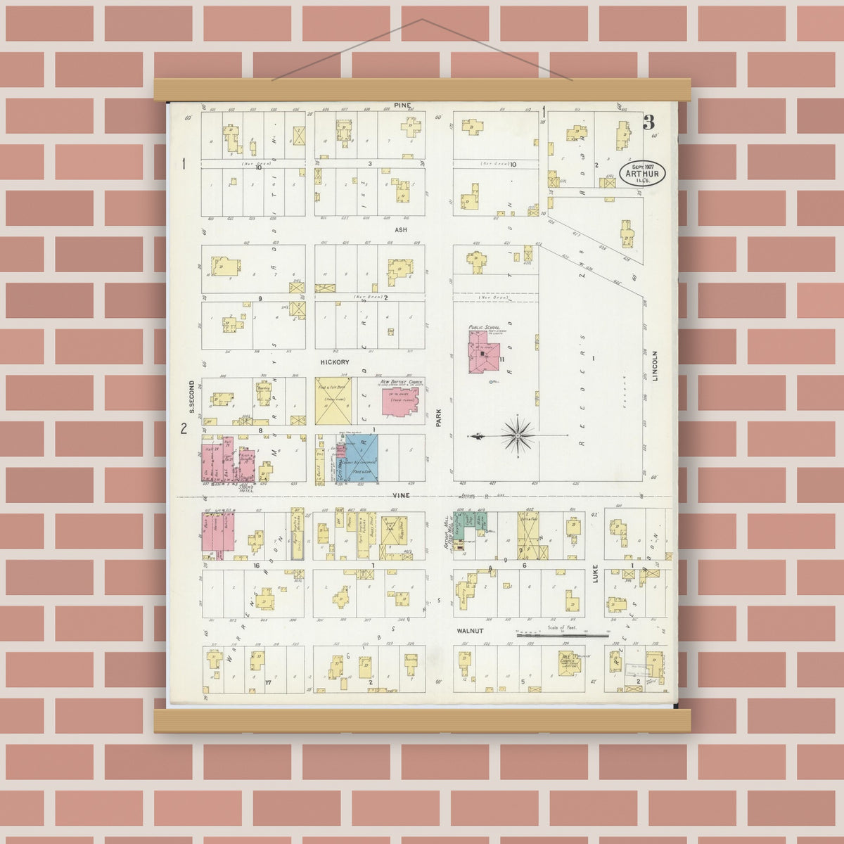Old map wall art mockup — magnetic wood frame on brick wall — Sanborn Fire Insurance Map from Arthur, Moultrie And Douglas Counties, Illinois (1907), Sheet #0003