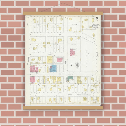 Old map wall art mockup — magnetic wood frame on brick wall — Sanborn Fire Insurance Map from Arthur, Moultrie And Douglas Counties, Illinois (1907), Sheet #0003