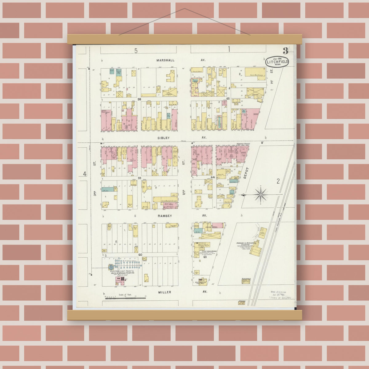 Old map wall art mockup — magnetic wood frame on brick wall — Sanborn Fire Insurance Map from Litchfield, Meeker County, Minnesota (1896), Sheet #0003