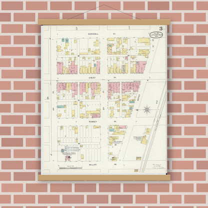 Old map wall art mockup — magnetic wood frame on brick wall — Sanborn Fire Insurance Map from Litchfield, Meeker County, Minnesota (1896), Sheet #0003