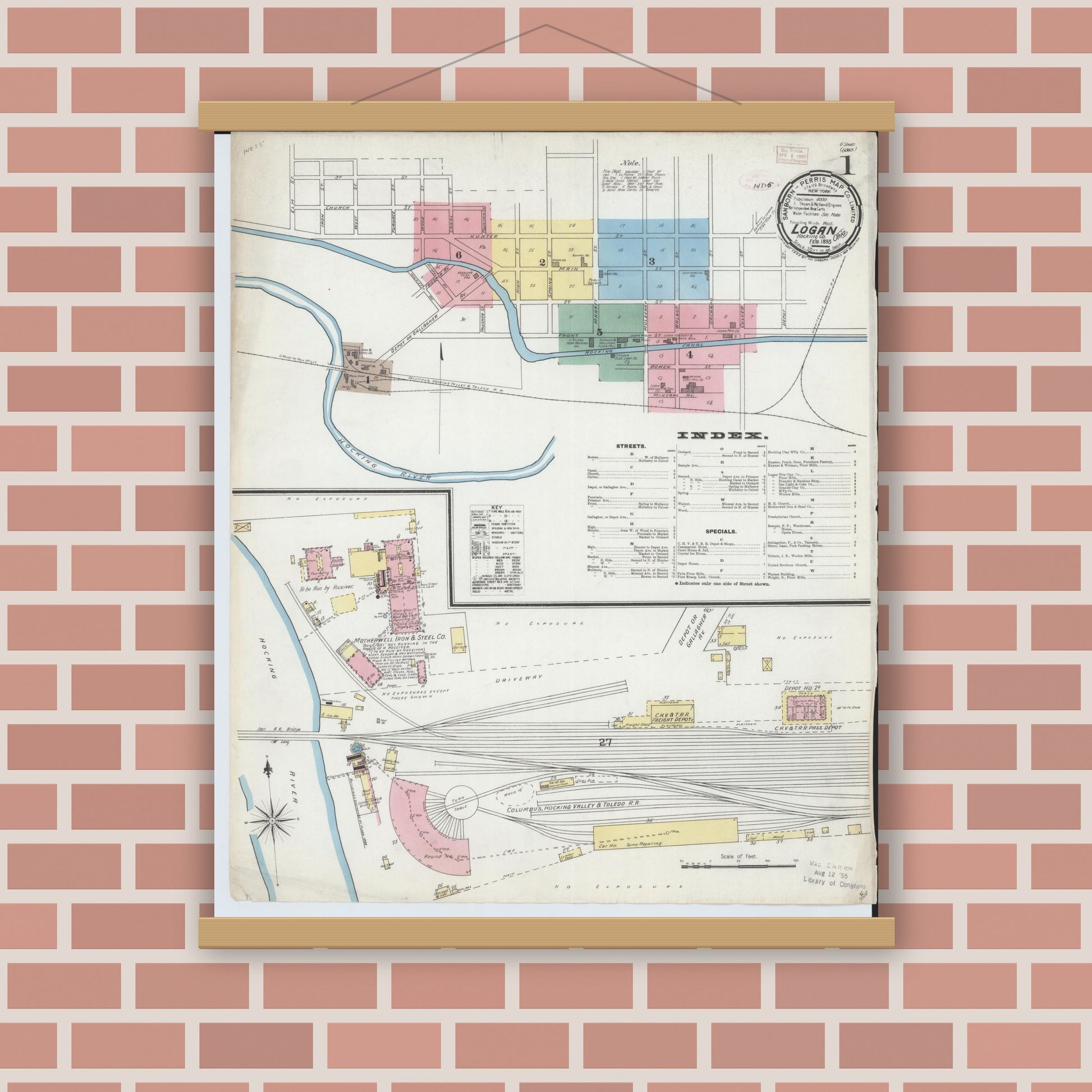 Old map wall art mockup — magnetic wood frame on brick wall — Sanborn Fire Insurance Map from Logan, Hocking County, Ohio (1893) - Complete Map Set