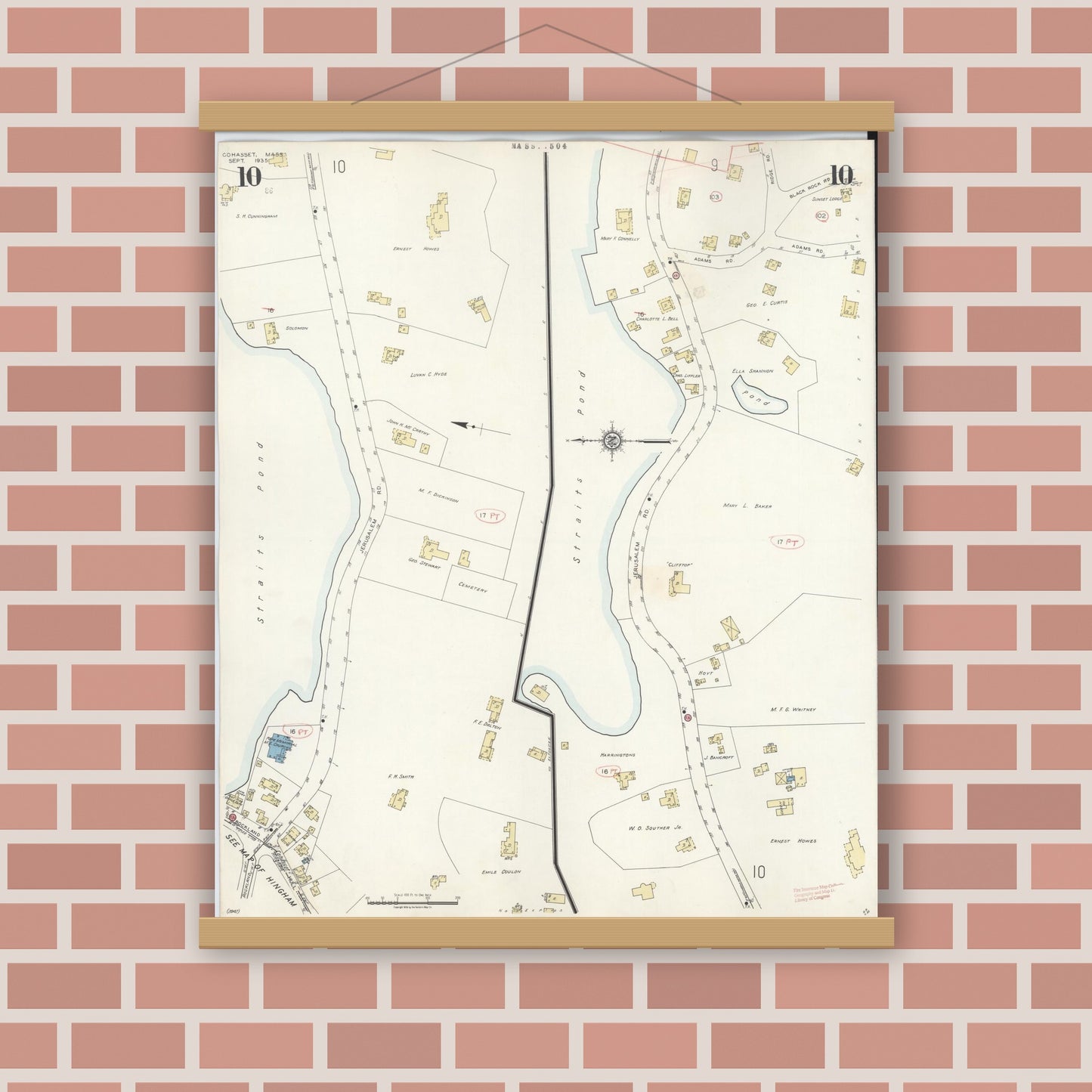 Old map wall art mockup — magnetic wood frame on brick wall — Sanborn Fire Insurance Map from Cohasset, Norfolk County, Massachusetts (1940), Sheet #0010