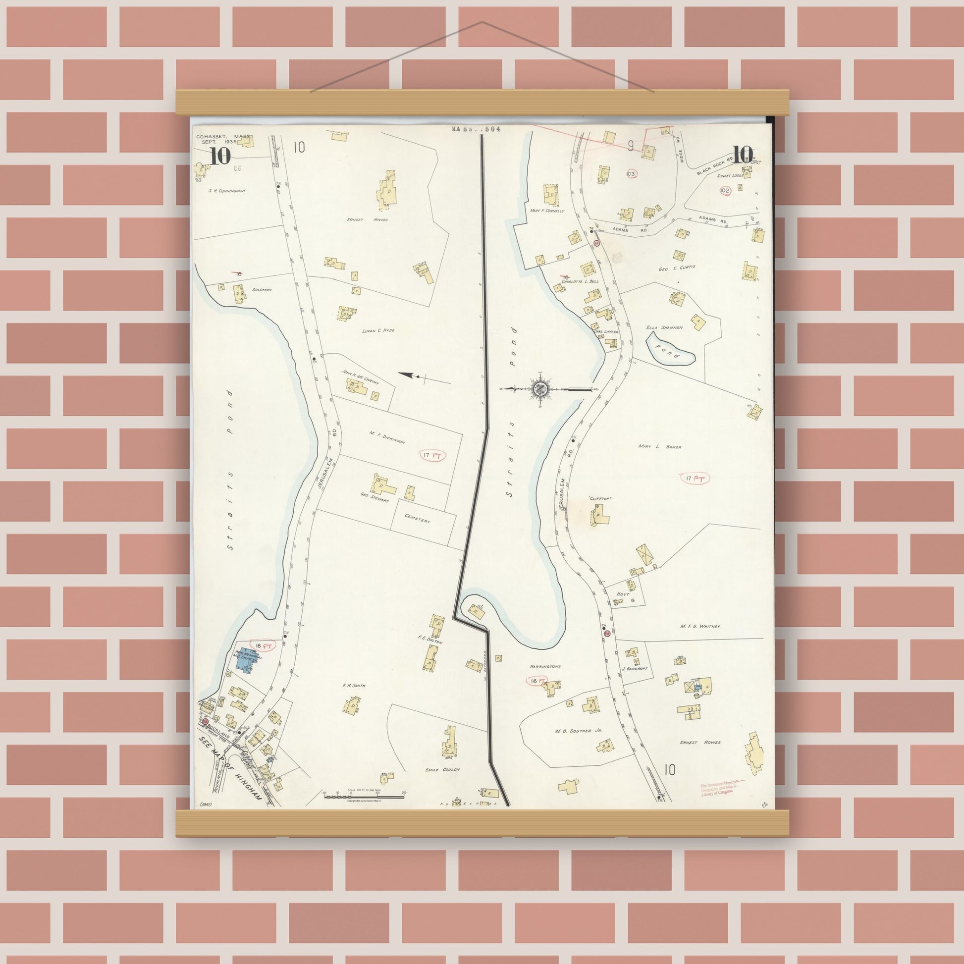 Old map wall art mockup — magnetic wood frame on brick wall — Sanborn Fire Insurance Map from Cohasset, Norfolk County, Massachusetts (1940), Sheet #0010